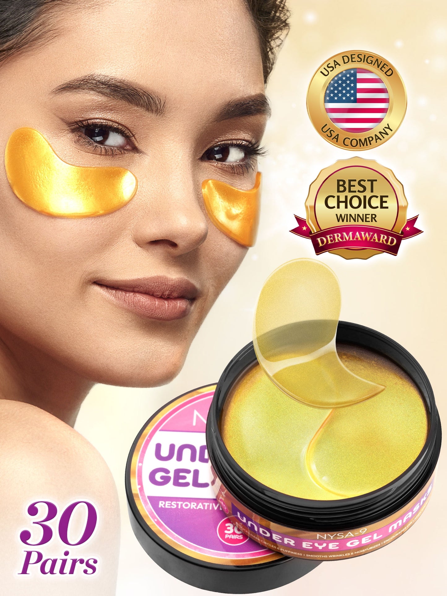 24K Gold Eye Mask Under Eye Gel Treatment Masks for Puffy Eyes (30 Pairs), Eye Patches for
