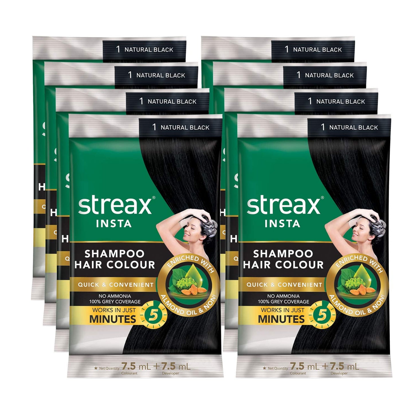 Streax Insta Shampoo Hair Colour for Unisex, 15ml each (Pack of 8) - Natural Black