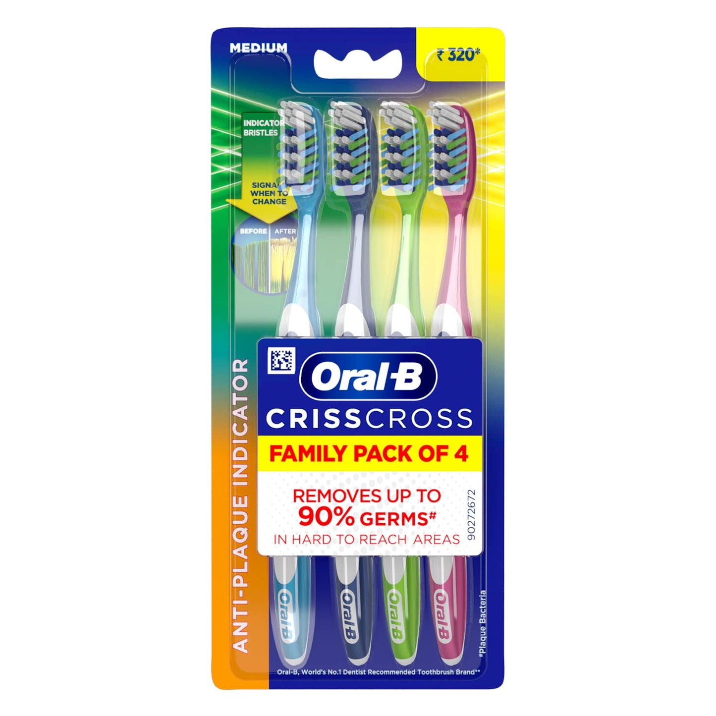 Oral-B Criss Cross - Family Pack Of 4 Toothbrushes Medium,For Adults,Manual,Multicolor