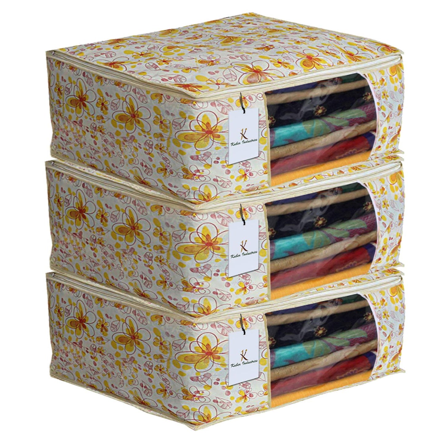 Kuber Industries Metalic Flower 3 Piece Non Woven Saree Cover Set, 7 inch, Ivory