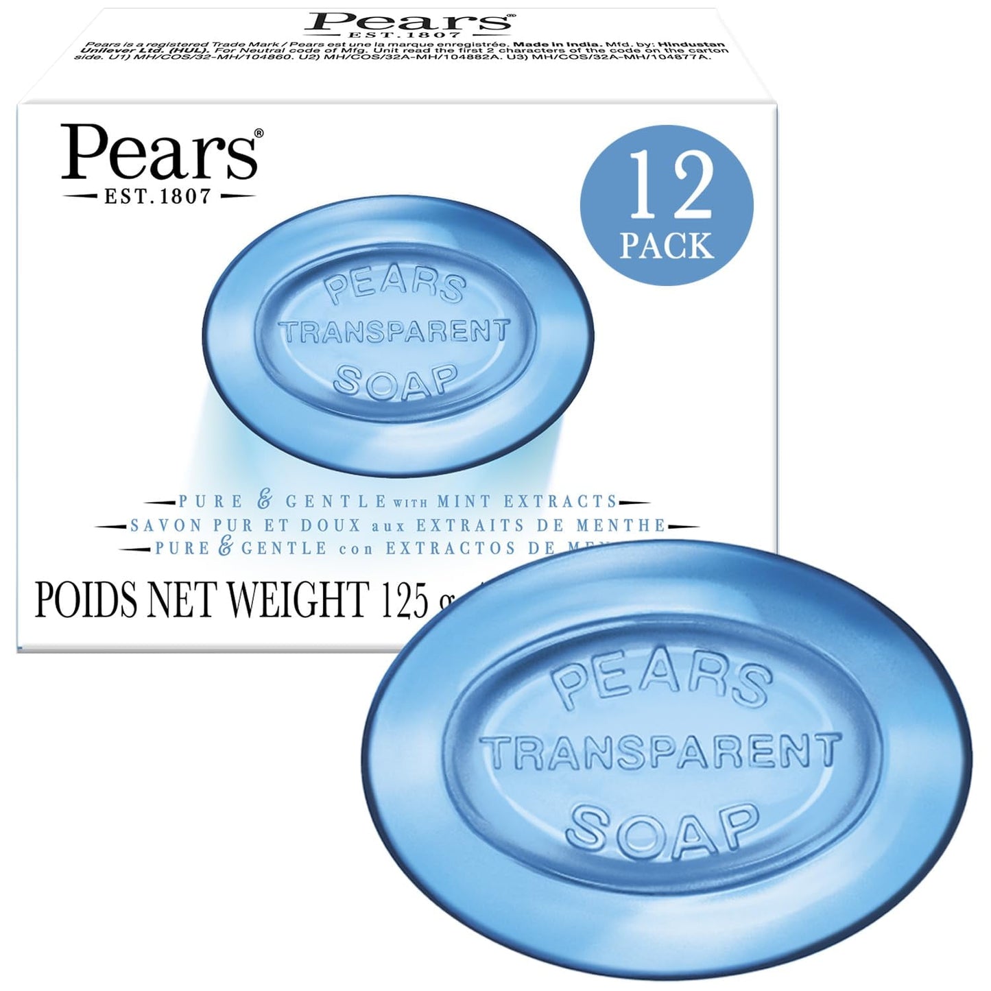 PEARS Pure & Gentle Mint Extracts Bar Soap, 4.4 oz/125g