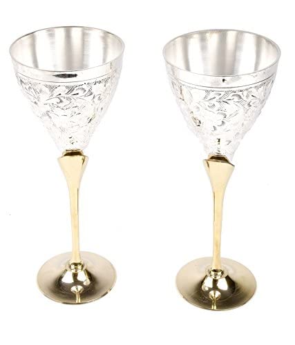 iKonbi German Silver Wine Glass Wine Goblet Set of 2 Pieces with Red Velvet Box Packing for Diwali Gift, Wedding Gift,Birthday Gift