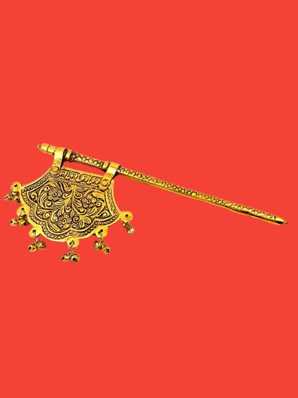iKonbi Big size handheld fan for pooja ghar with Ghunghroo attached of Brass Quality antique gold colour. 8 Inches long and 3.5 Inches wide in Pair of 2 for Vintage feel