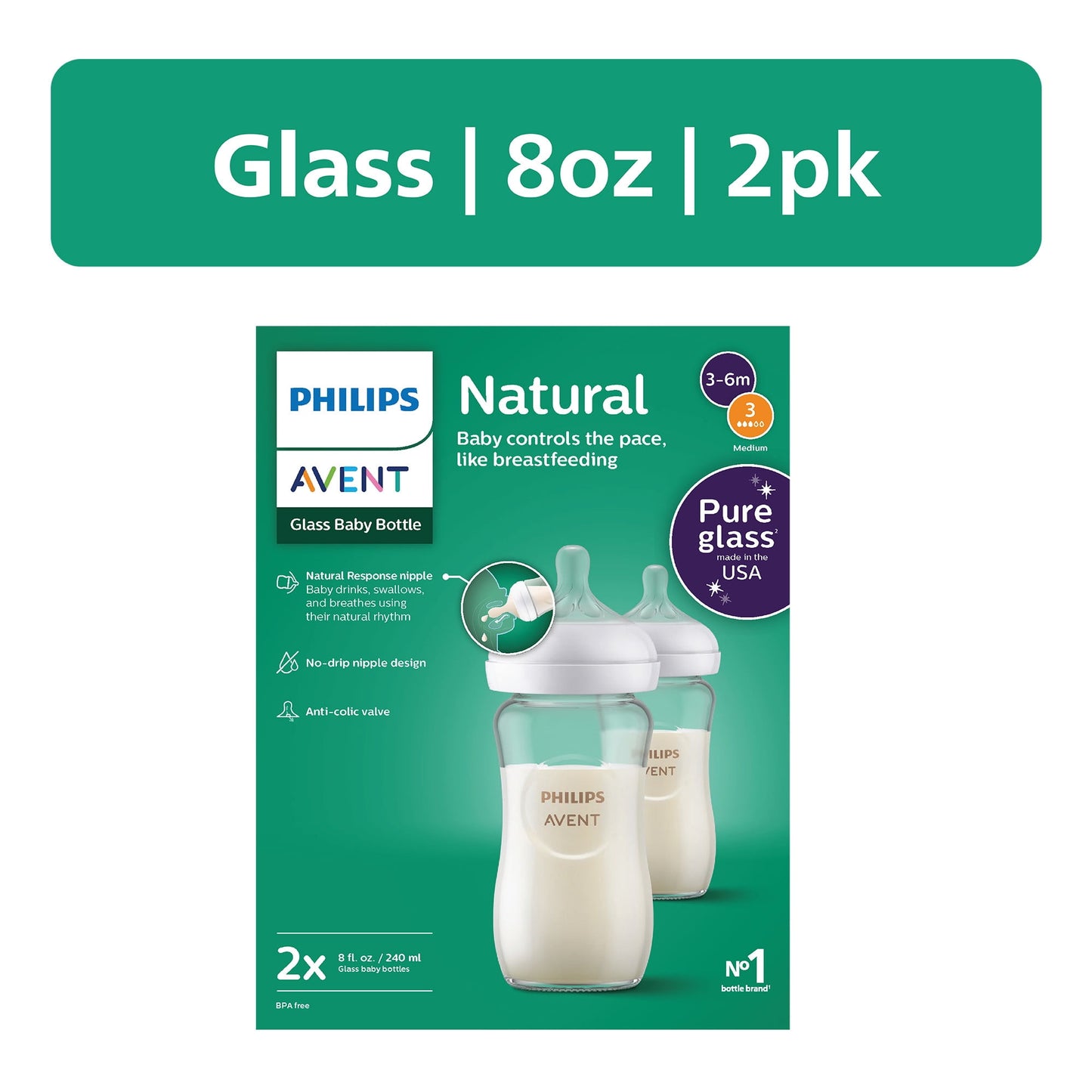 Philips Avent Natural Glass Baby Bottles with Natural Response Nipples (Medium Flow, Flow