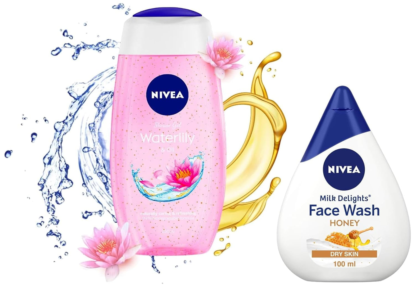 Nivea FaceWash, Milk Delights Moisturizing Honey, 100ml & Shower Gel, Water Lily & Oil Bod