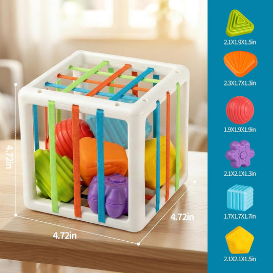 Montessori Toys for 1 Year Old, Cube & 6 Sensory Shape Blocks, Baby Toys 12-18 Months, Developmental Infant Birthday Gifts for Learning Toddler Age 1 2 3