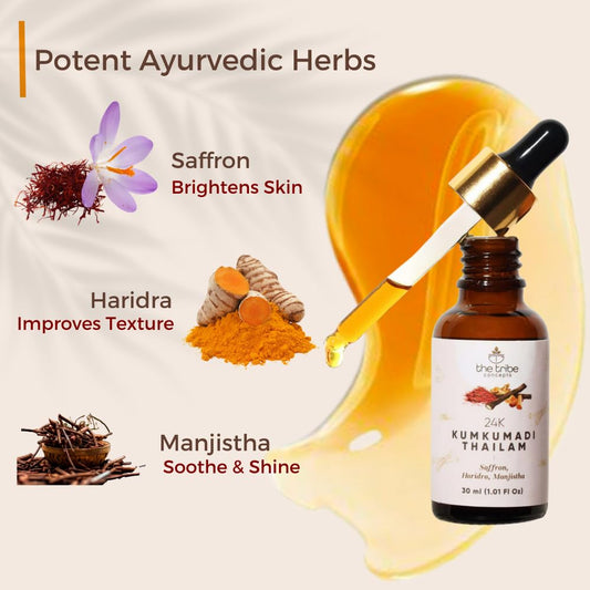 Tribe Concept 24k Kumkumadi Thailam, Skin Brightening, Oil, Toned Glow Enriched with Saffron & Sandalwood, 100% Chemical Free & Natural - 30 ml - 1.01 Fl Oz