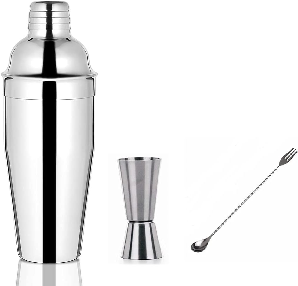 iKonbi Stainless Steel 3 Pcs Delux Bar Set- Fork Bar Spoon, Cocktail Shaker 750 ml, Tall Peg Measure- 30/60 ml
