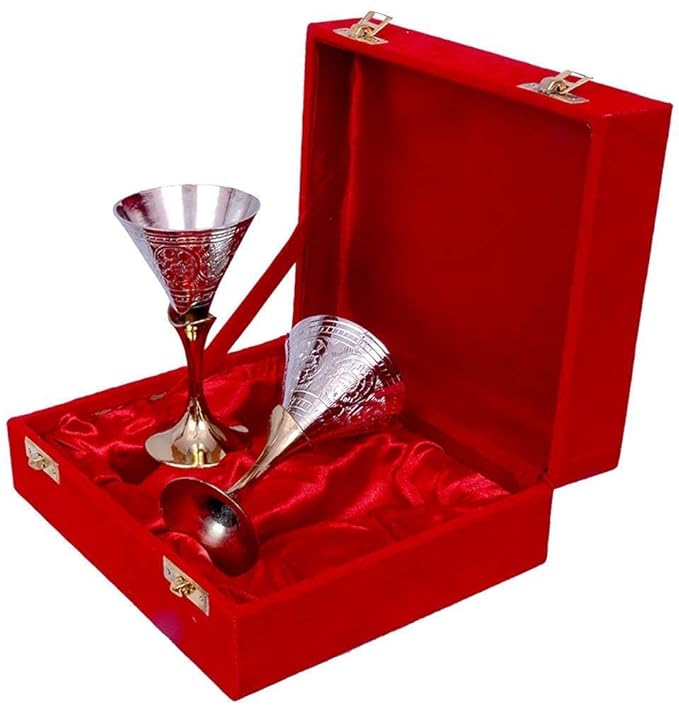 iKonbi German Silver Wine Glass Wine Goblet Set of 2 Pieces with Red Velvet Box Packing for Diwali Gift, Wedding Gift,Birthday Gift