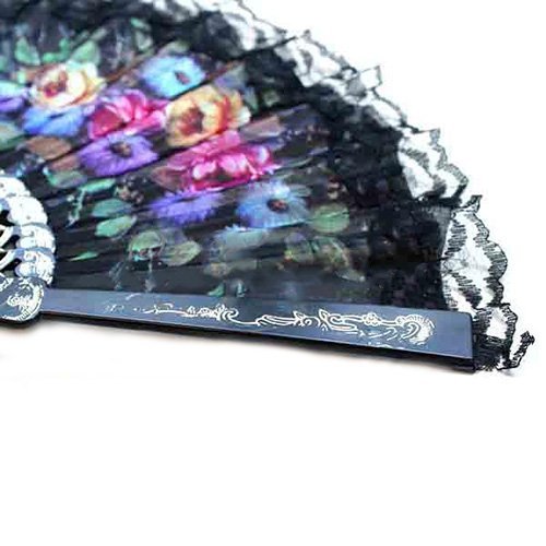 iKonbi Colored Embroidered Flower Pattern Black Silk Cloth Folding Hand Fan for Woman