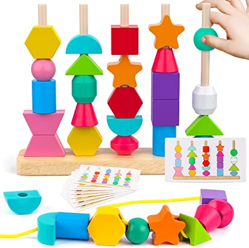 Montessori Wooden Beads Sequencing Toy Set, Stacking Blocks & Lacing Beads & Matching Shap