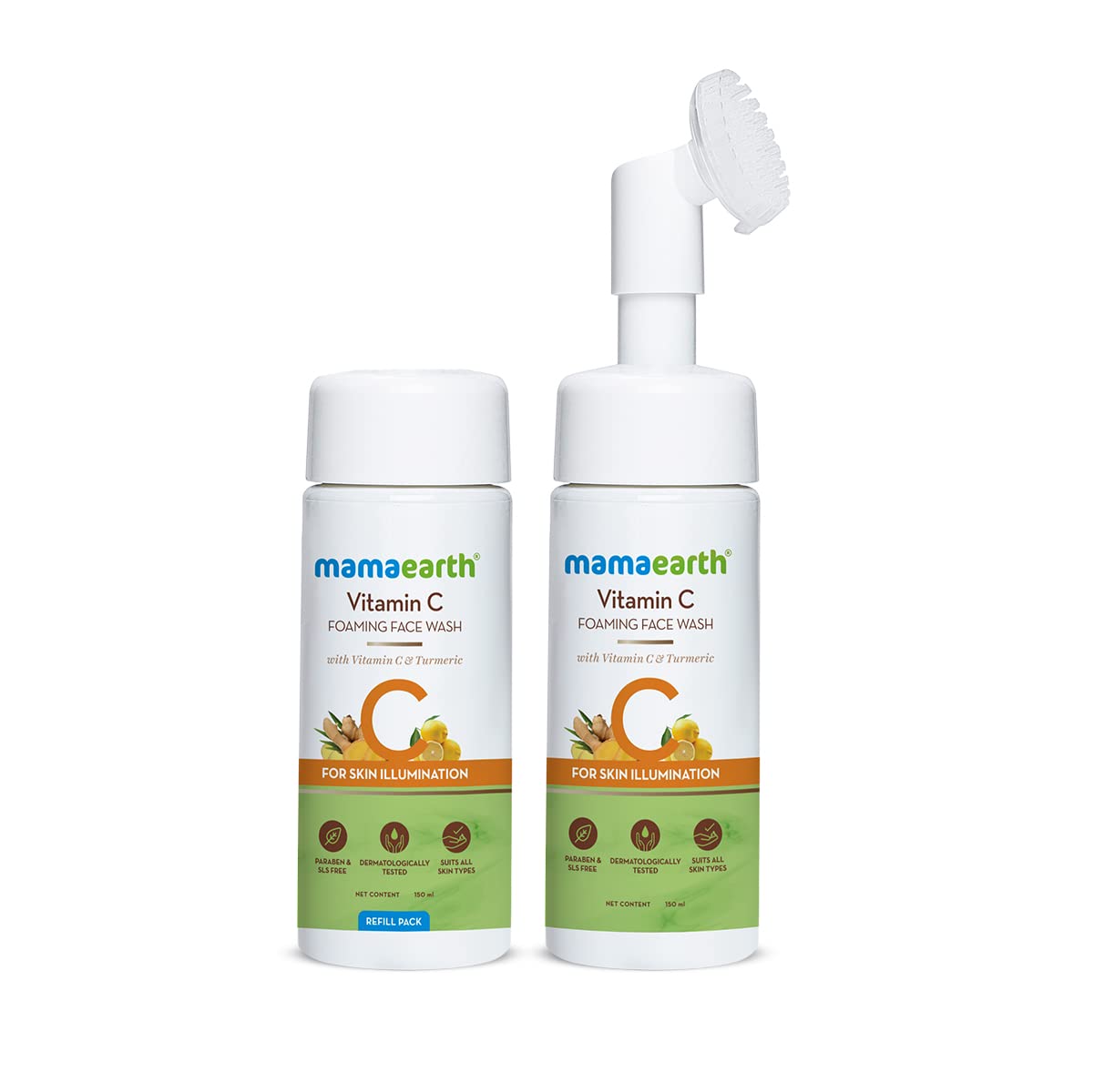 Mamaearth Vitamin C Foaming FaceWash Combo: With Brush & Refill, 150 ml + 150