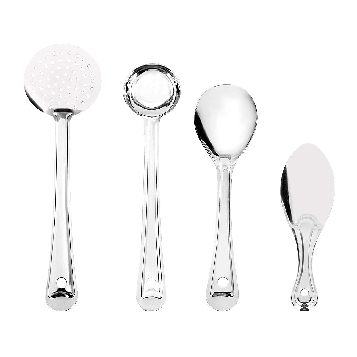 iKonbi 4 Pieces Stainless Steel Cooking and Serving Spoon Set - Oval Basting Spoon, Extra Deep Super Laddle, Basting Jhara, Rice Spoon
