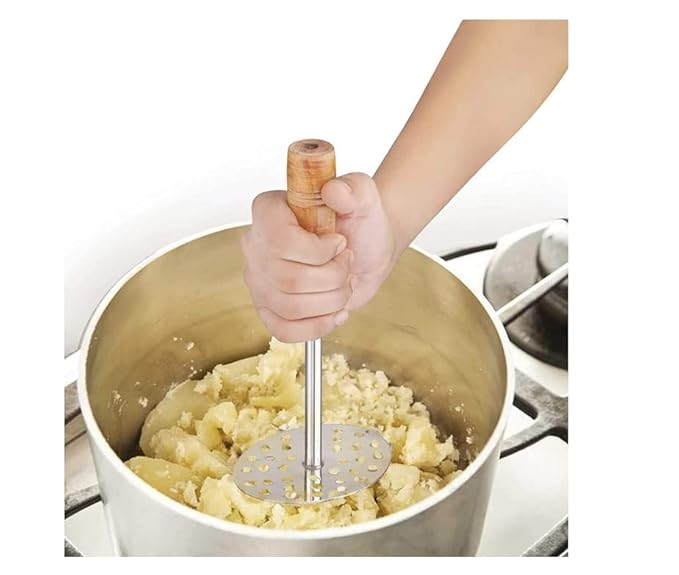 iKonbi Stainless Steel Pav Bhaji Masher, Boil Potato Masher Other Vegetable Masher with Wooden Handle