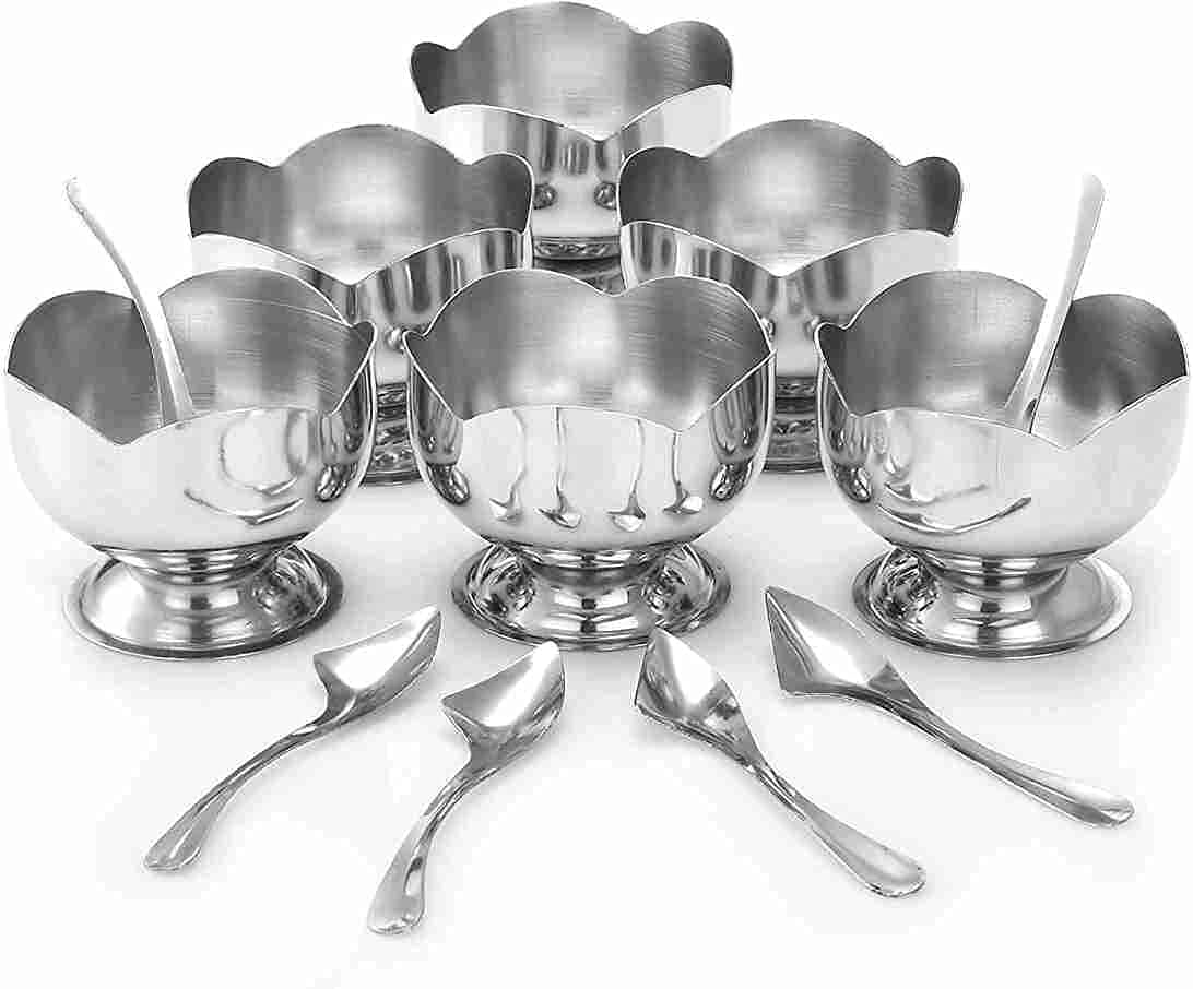 iKonbi Stainless Steel Lotus Ice Cream Cup/Soup Bowl and Ice Cream Spoon Set of