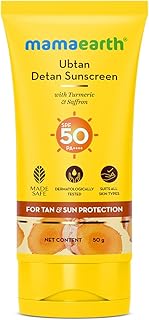 Mamaearth Ubtan Detan Sunscreen With Turmeric & Saffron - 50 g | SPF 50 & PA++++ For UVA/B