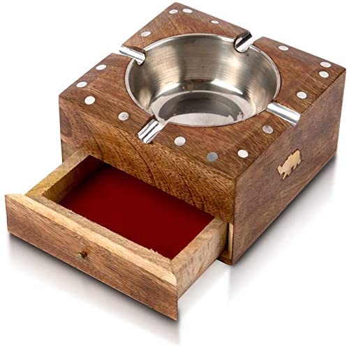 iKonbi Handcrafted Cigarette Smoking Wooden Ashtray With Compartment For Home Living Room Unique Vintage Decorative Square Indoor Outdoor Ash Holder