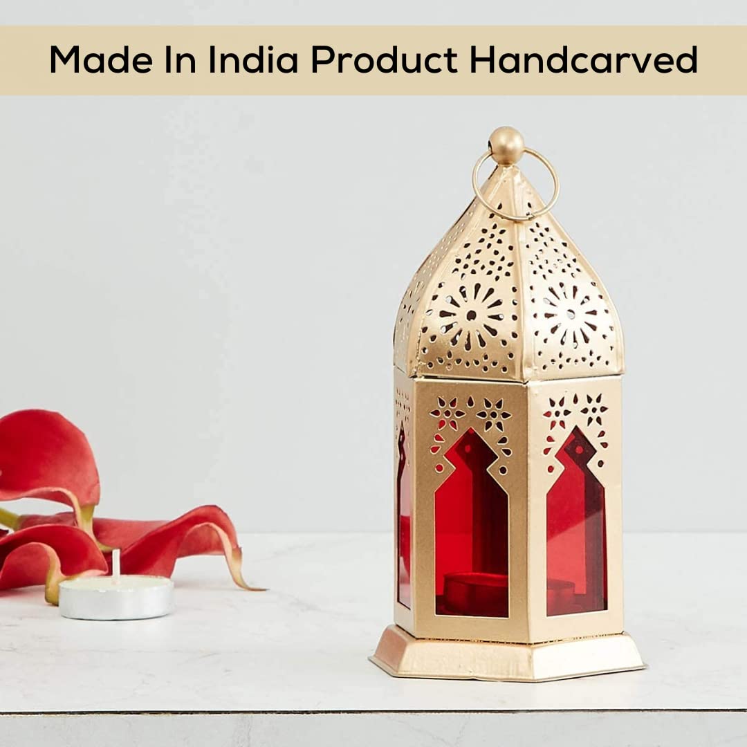 iKonbi Mini Moroccan Lantern Glass Hanging Lamp Home Decor Gold Plating Finish Moroccan LanternRed 17 * 9 Cms Set of 1 Without Wax