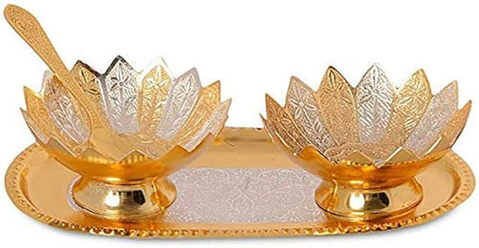 iKonbi Fancy Metal Gold and Silver Plated Floral Flower Shape 5 Pieces Set 2 Bowls 2 Spoons 1 Tray in Red Velvet Box Ideal for dryfruits Party Prop Also Known as pandan