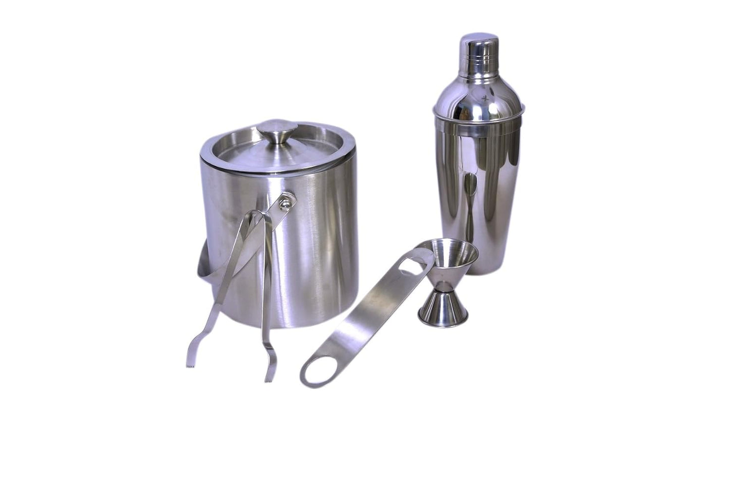 iKonbi Stainless Steel 5 Piece Bar Set Large - Cocktail Shaker 750 ml, Ice Tong, Ice Bucket 1500 ml, Peg Measure 30/60 ml and Bottle Opener