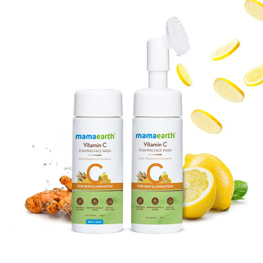 Mamaearth Vitamin C Foaming Face Wash Combo: With Brush & Refill, 150 ml + 150 ml