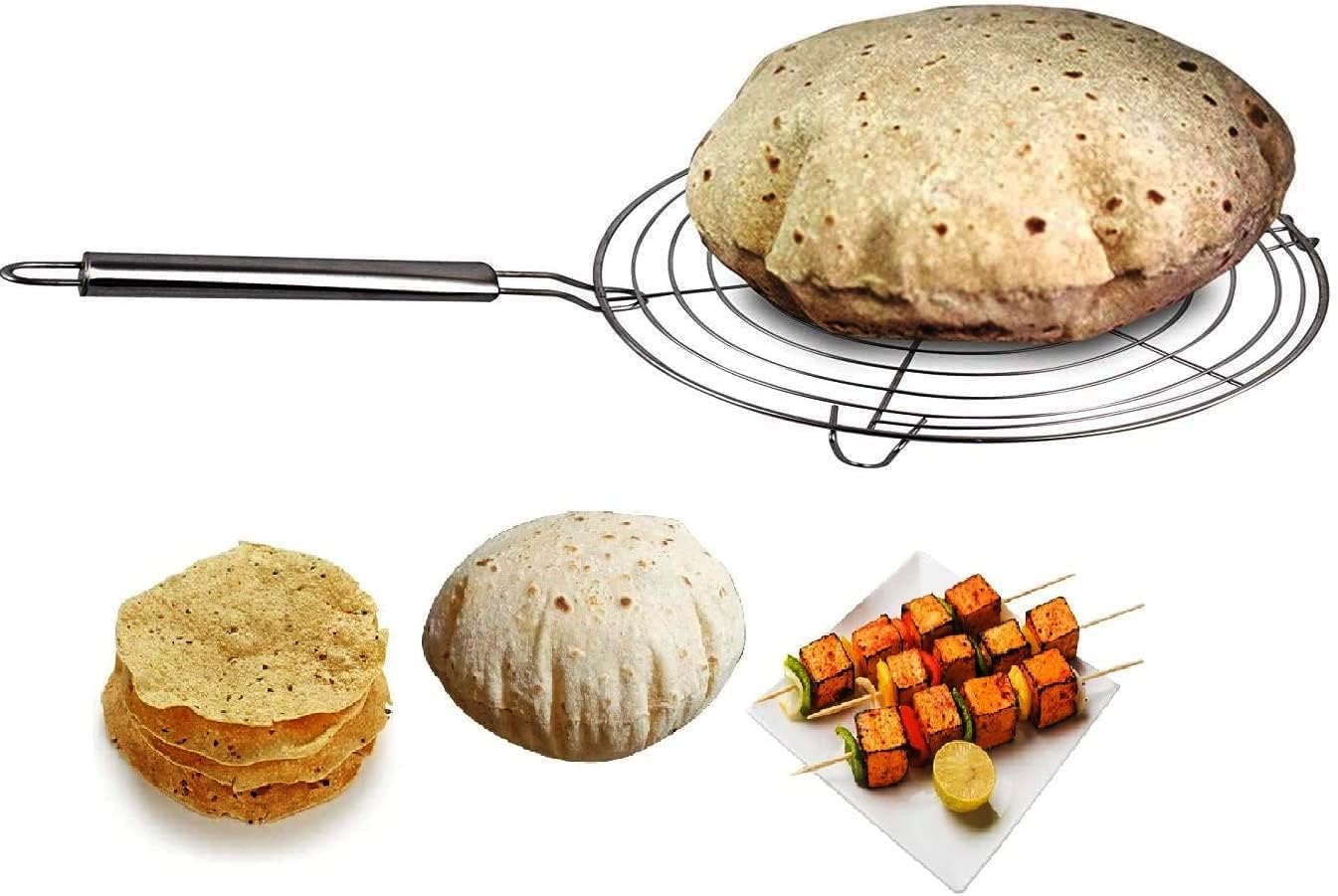 Stainless Steel Round Roti Grill, with Steel Handle Multi-Purpose for Roti Jali, Papad, Ch