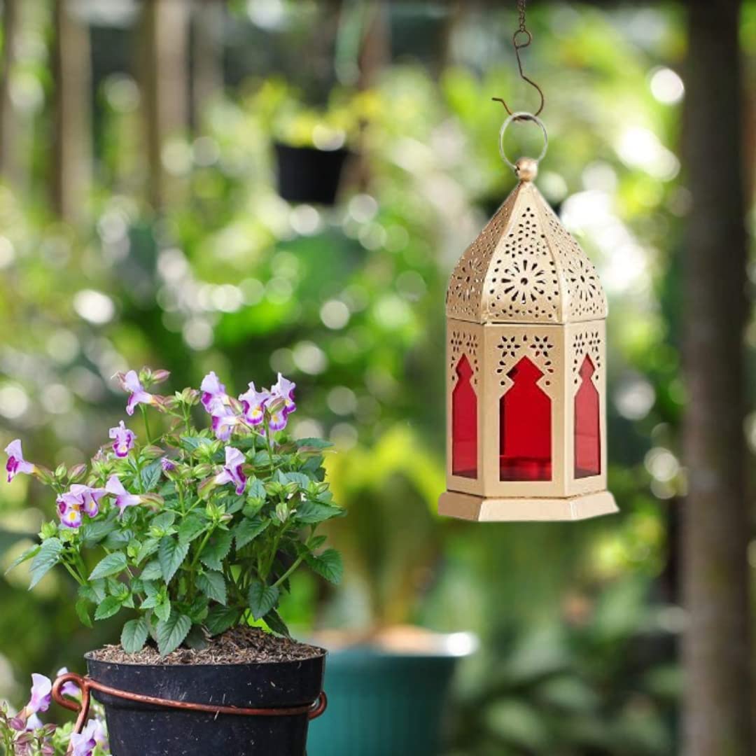 iKonbi Mini Moroccan Lantern Glass Hanging Lamp Home Decor Gold Plating Finish Moroccan LanternRed 17 * 9 Cms Set of 1 Without Wax