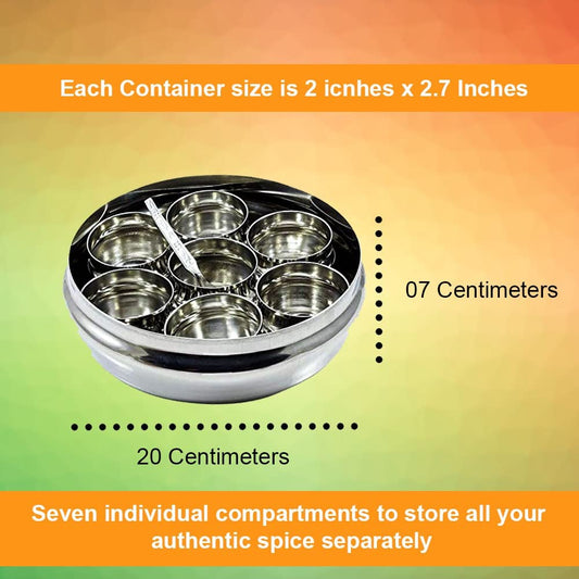 iKonbi Large Stainless Steel Masala Dabba Spice Container Box with 7 Shelves 8 * 8 * 3 Inches