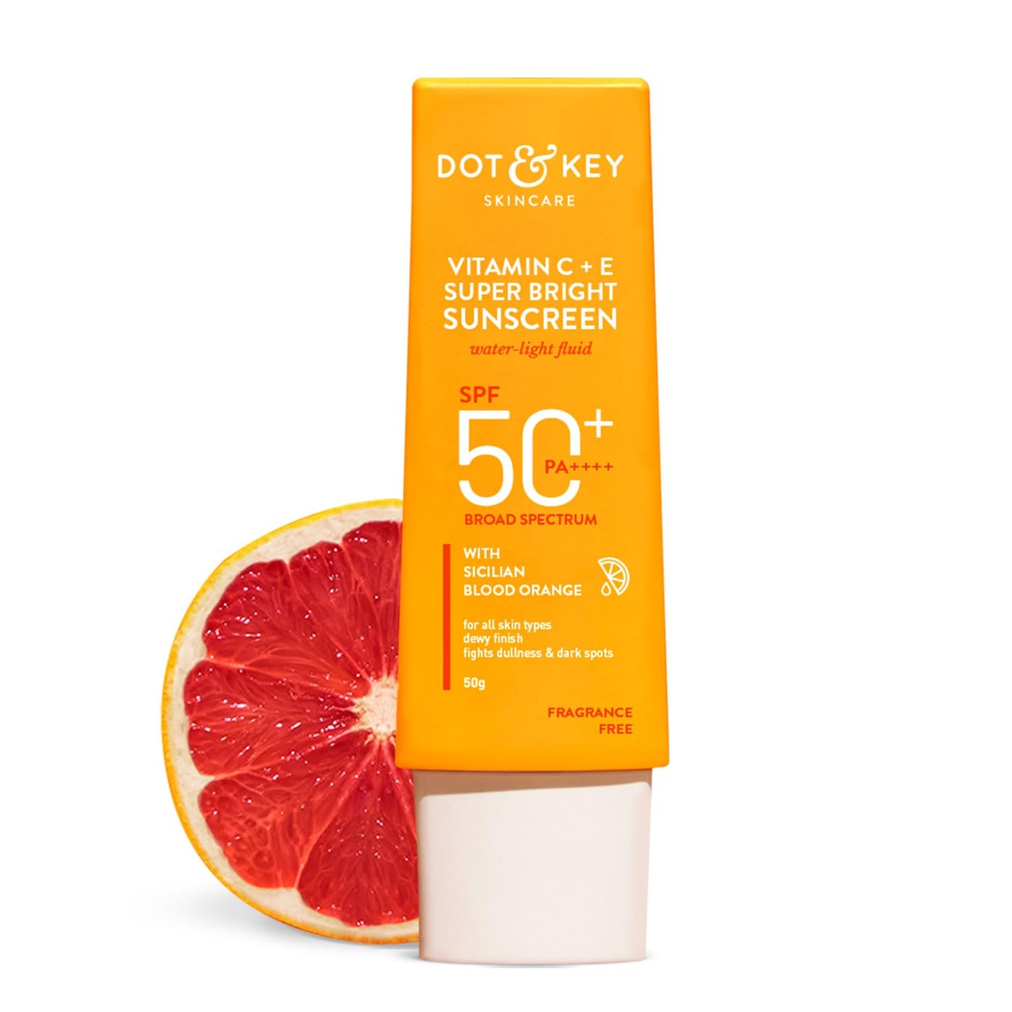 Dot & Key Vitamin C + E Super Bright Sunscreen, SPF 50+, Water-Light Fluid with Blood Oran