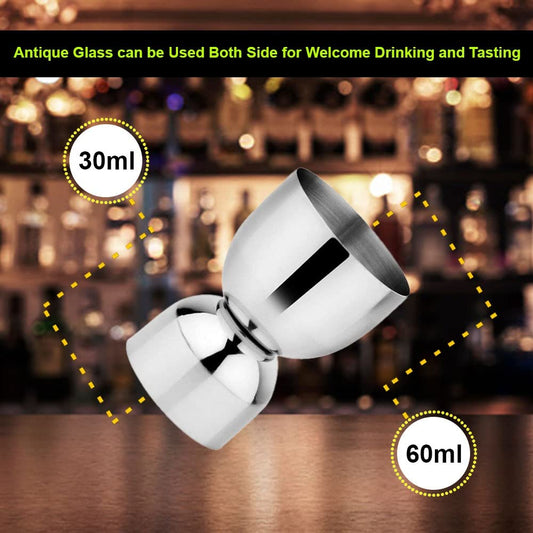 iKonbi Stainless Steel Set of 2 Damru Shape peg Shot Glasses Measure 30 ml and 60 ml Fancy Antique Glass can be Used Both Side for Welcome Drinking and Tasting