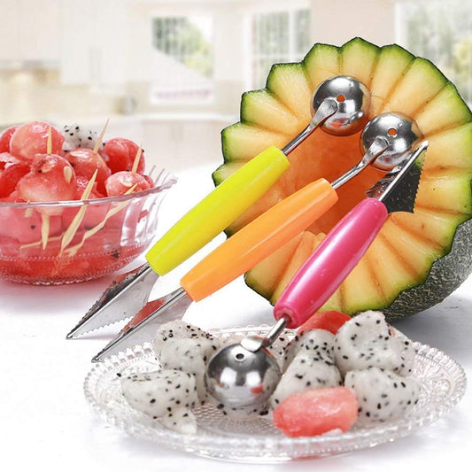 iKonbi Dual Purpose Melon Baller Fruit Carving Knife, Fruit Slicer, Watermelon Scoop, Melon Digger, Fruit Baller, Ice Cream Spoon Set of 2