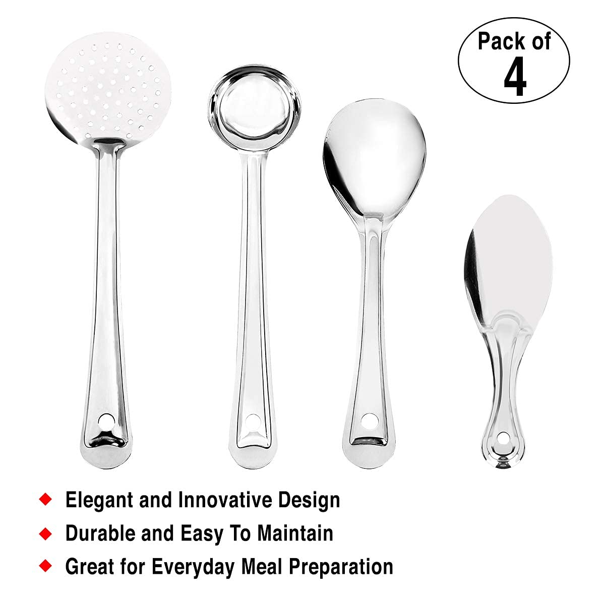 iKonbi 4 Pieces Stainless Steel Cooking and Serving Spoon Set - Oval Basting Spoon, Extra Deep Super Laddle, Basting Jhara, Rice Spoon