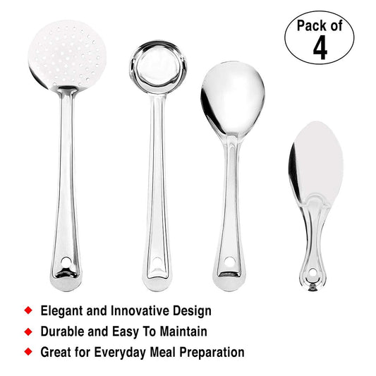 iKonbi 4 Pieces Stainless Steel Cooking and Serving Spoon Set - Oval Basting Spoon, Extra Deep Super Laddle, Basting Jhara, Rice Spoon