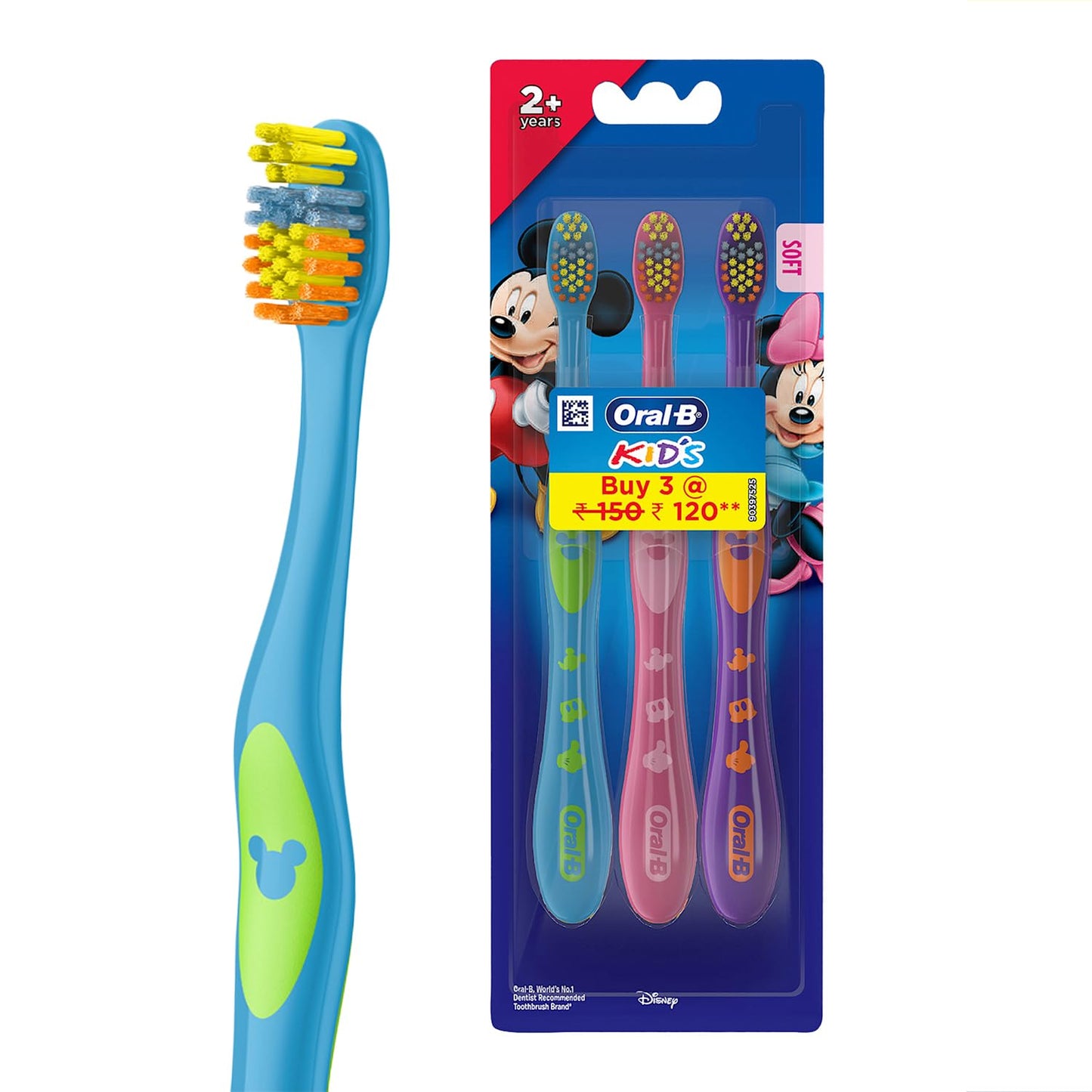 Oral-B Mickey Soft Manual Toothbrush For Kids, Age 2 + years, Soft Bristles For Gentle Cle