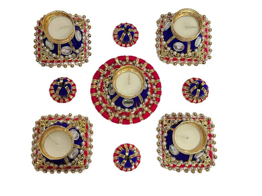 iKonbi Set of 5 Rangoli with Diya Set - Artificial Diamond and Pearls Rangoli with Tealight Festive Decor