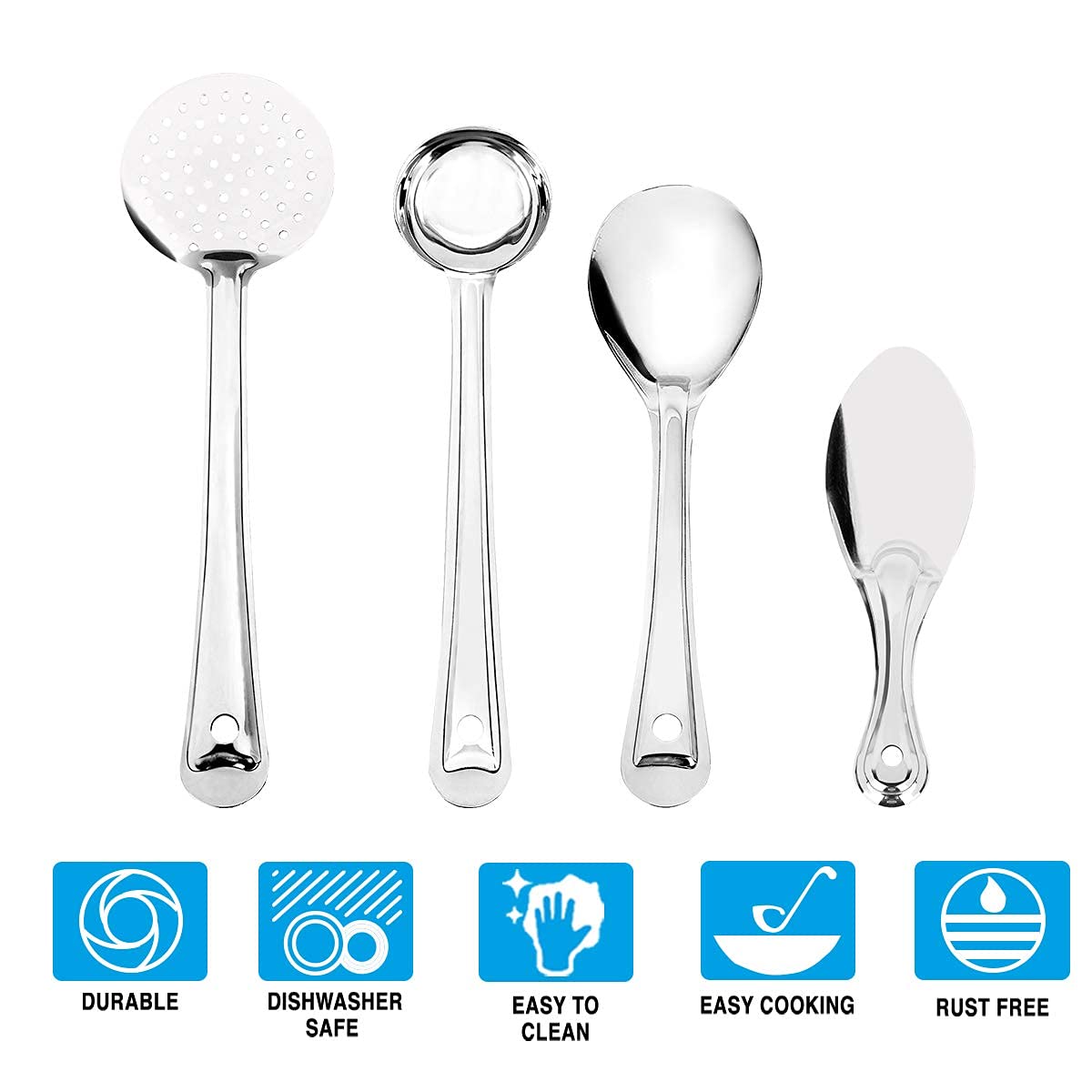 iKonbi 4 Pieces Stainless Steel Cooking and Serving Spoon Set - Oval Basting Spoon, Extra Deep Super Laddle, Basting Jhara, Rice Spoon