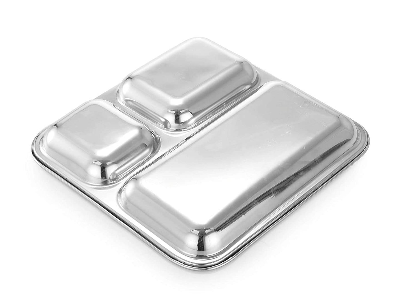 iKonbi Heavy Duty Stainless Steel Square Small Dinner Plate with 3 Sections Divided Mess Trays for Lunch, Camping, Events & Every Day Use Kitchenware Set of 2