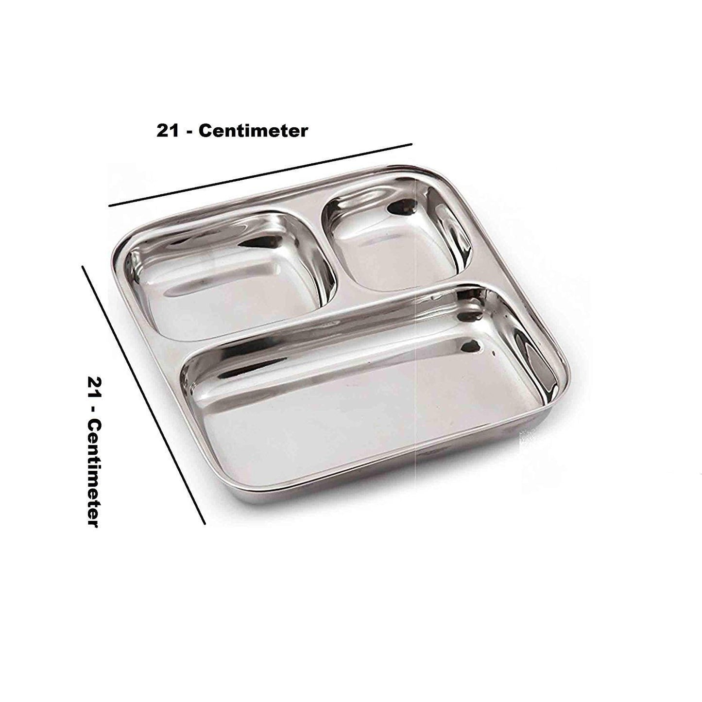 iKonbi Heavy Duty Stainless Steel Square Small Dinner Plate with 3 Sections Divided Mess Trays for Lunch, Camping, Events & Every Day Use Kitchenware Set of 2