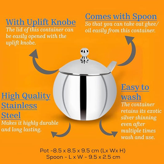 iKonbi Stainless Steel Ghee Pot, Oil Pot, Ghee Storage Container, Ghee Serving Container 200 Ml 9.7 Cm, 200 milliliter