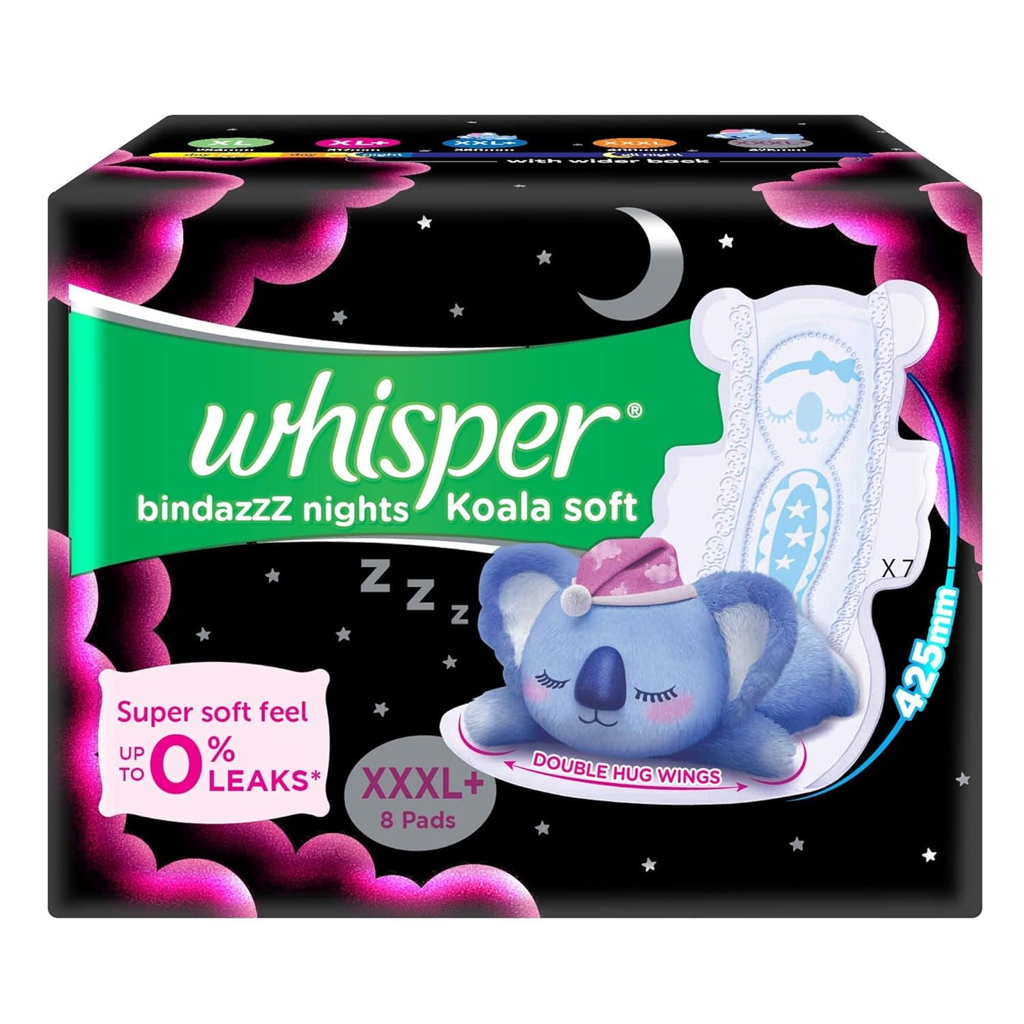 Whisper Bindazzz Nights Koala Soft Sanitary Pads - XXXL+, 8 pcs