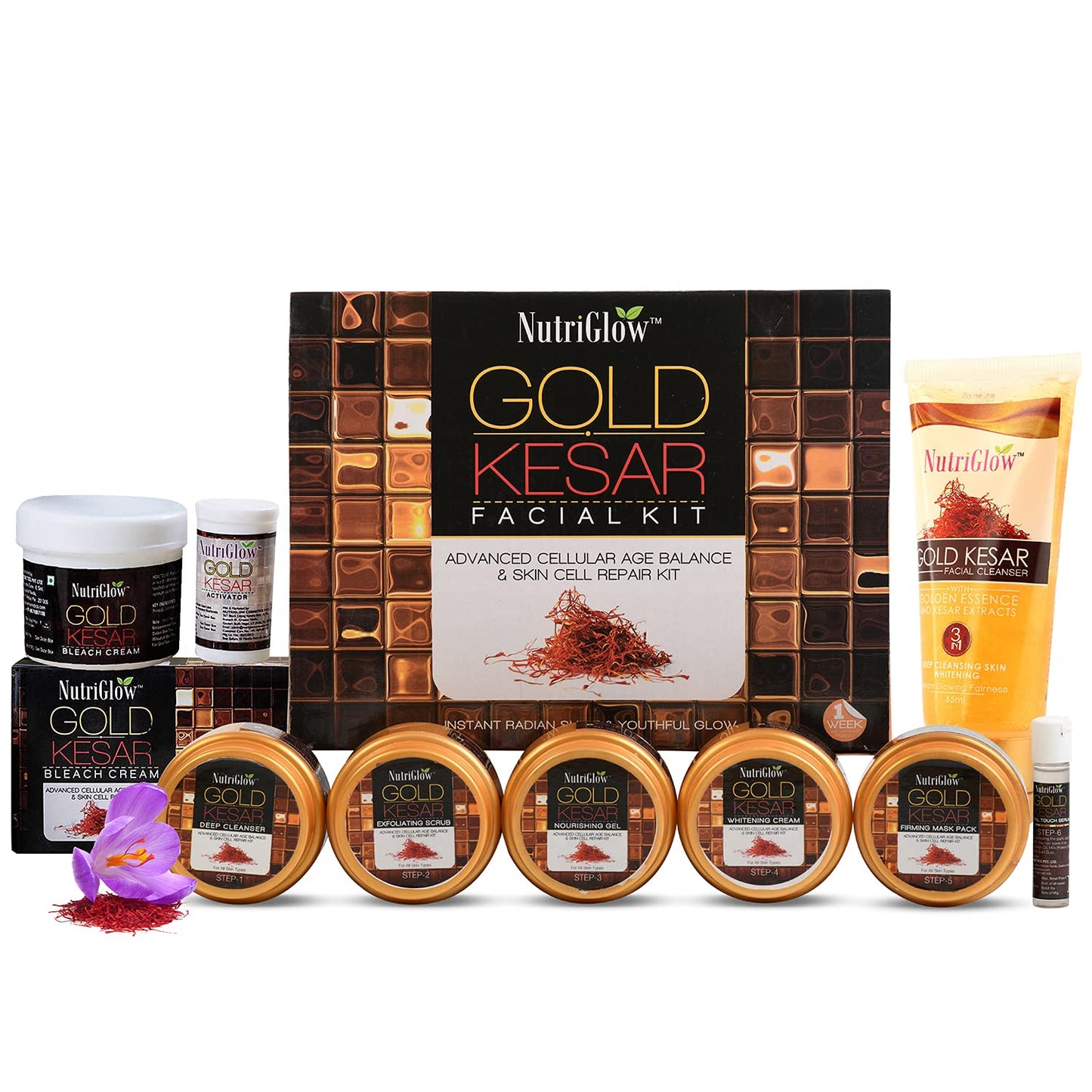 NutriGlow Gold Kesar Facial Kit For Women (260 gm), Bleach Cream (43 gm), Facial Cleanser