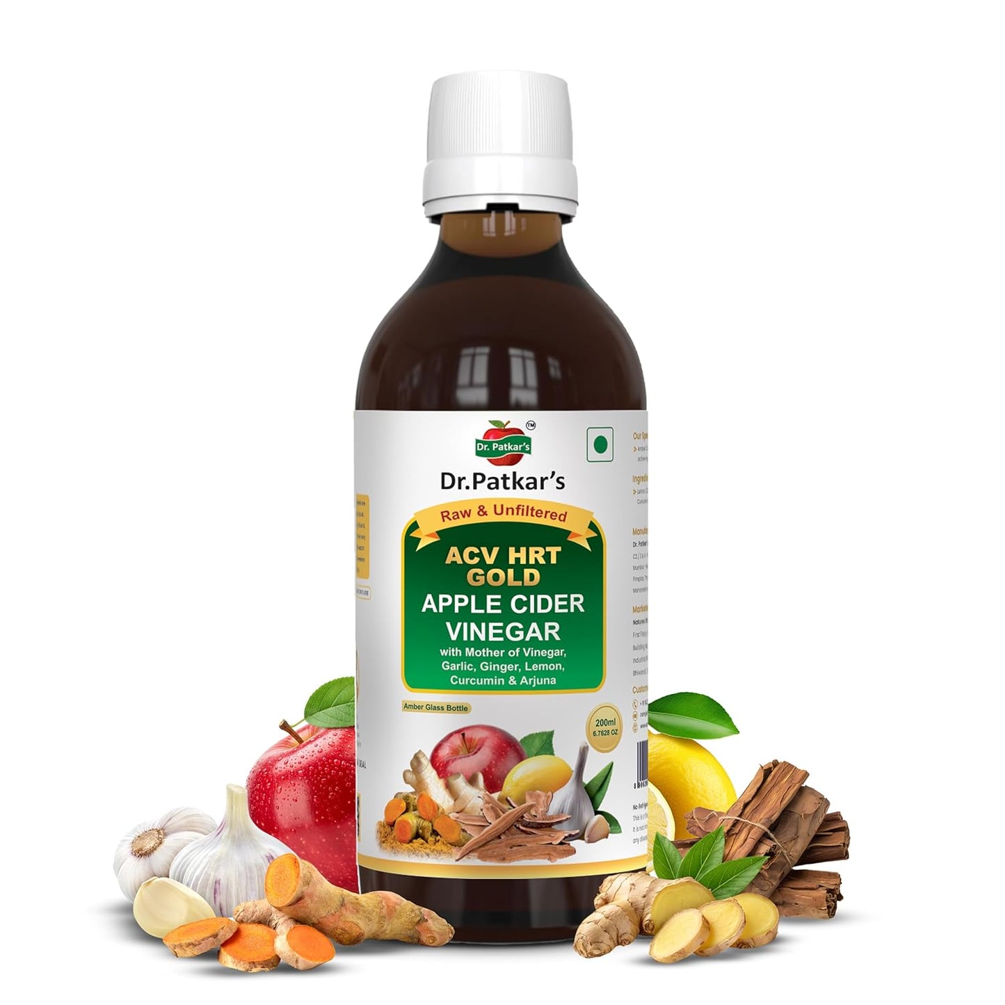 Dr. Patkar’s ACV HRT GOLD Apple Cider Vinegar with Arjuna, Curcumin, Ginger, Garlic & Lemon, Raw & Unfiltered (500 ML)