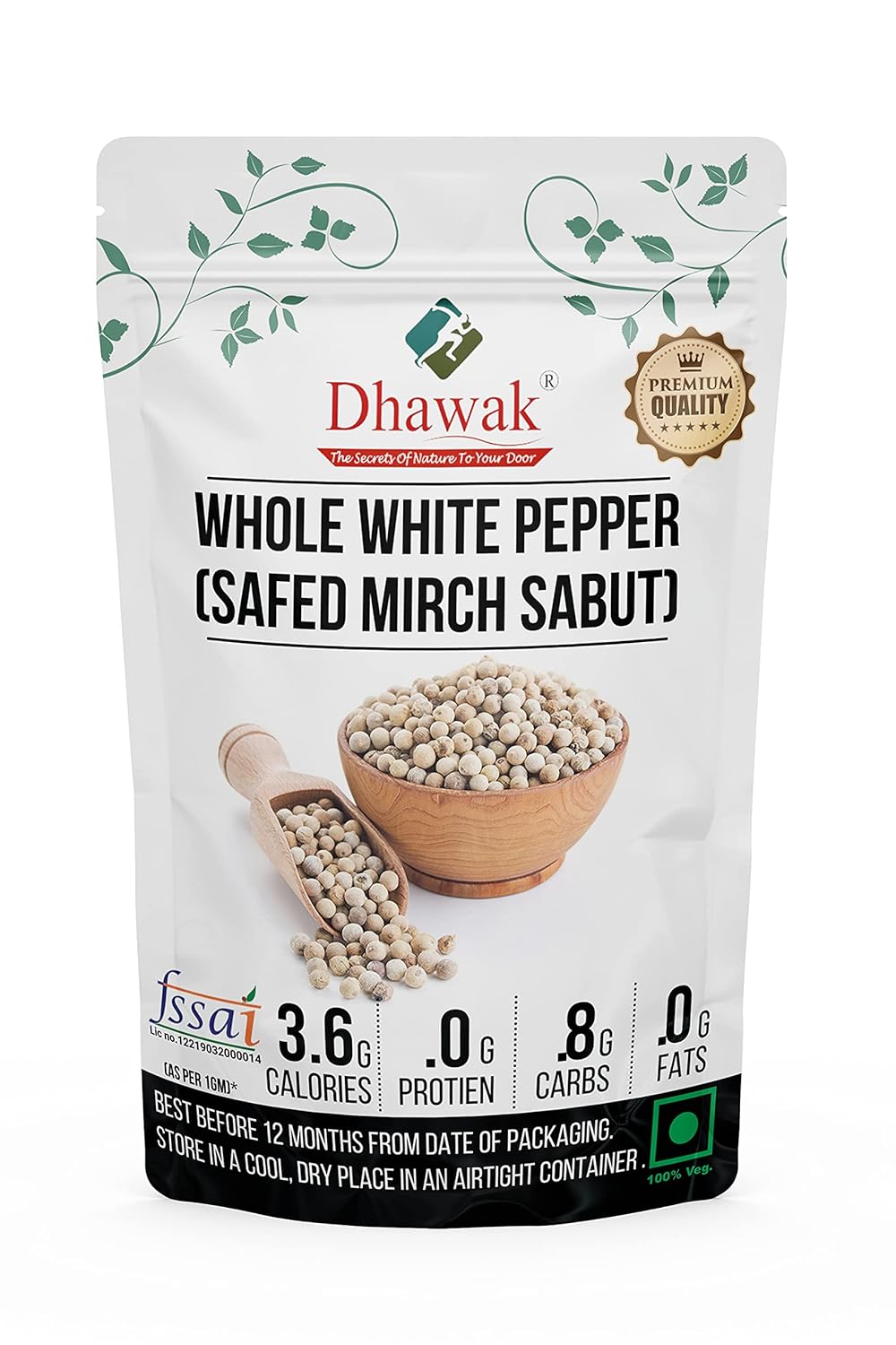 Dhawak Whole White Pepper | Safed Mirch Sabut - 100 Grams (Premium)