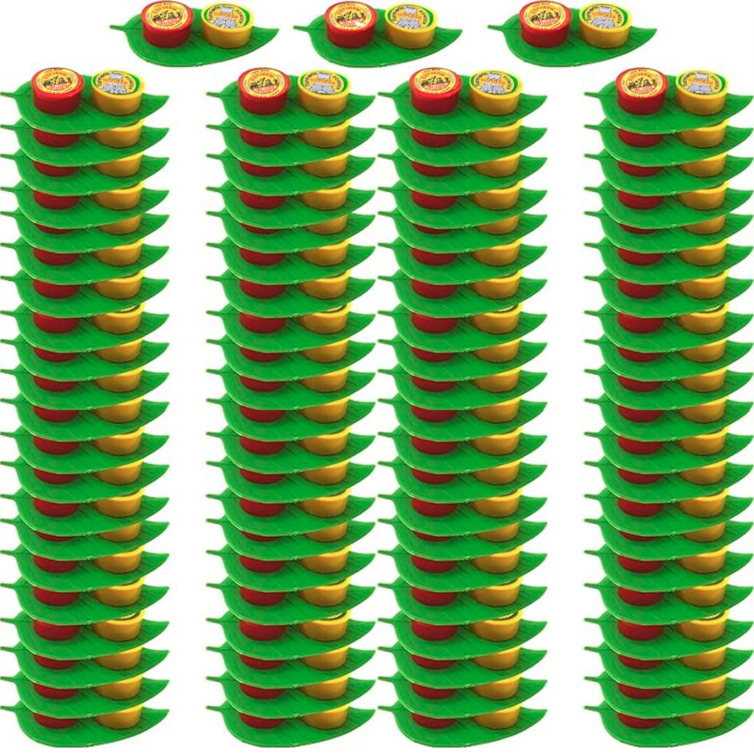 Gopuram Traditional Kumkum and Turmeric Powder Set with Decorative Leaf Holders,