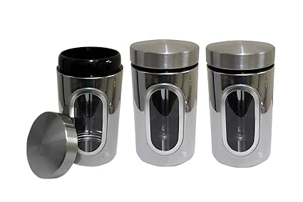 iKonbi Set of 3 Airtight Stainless Steel Side Window canisters with Imported Click Lock canisters - S