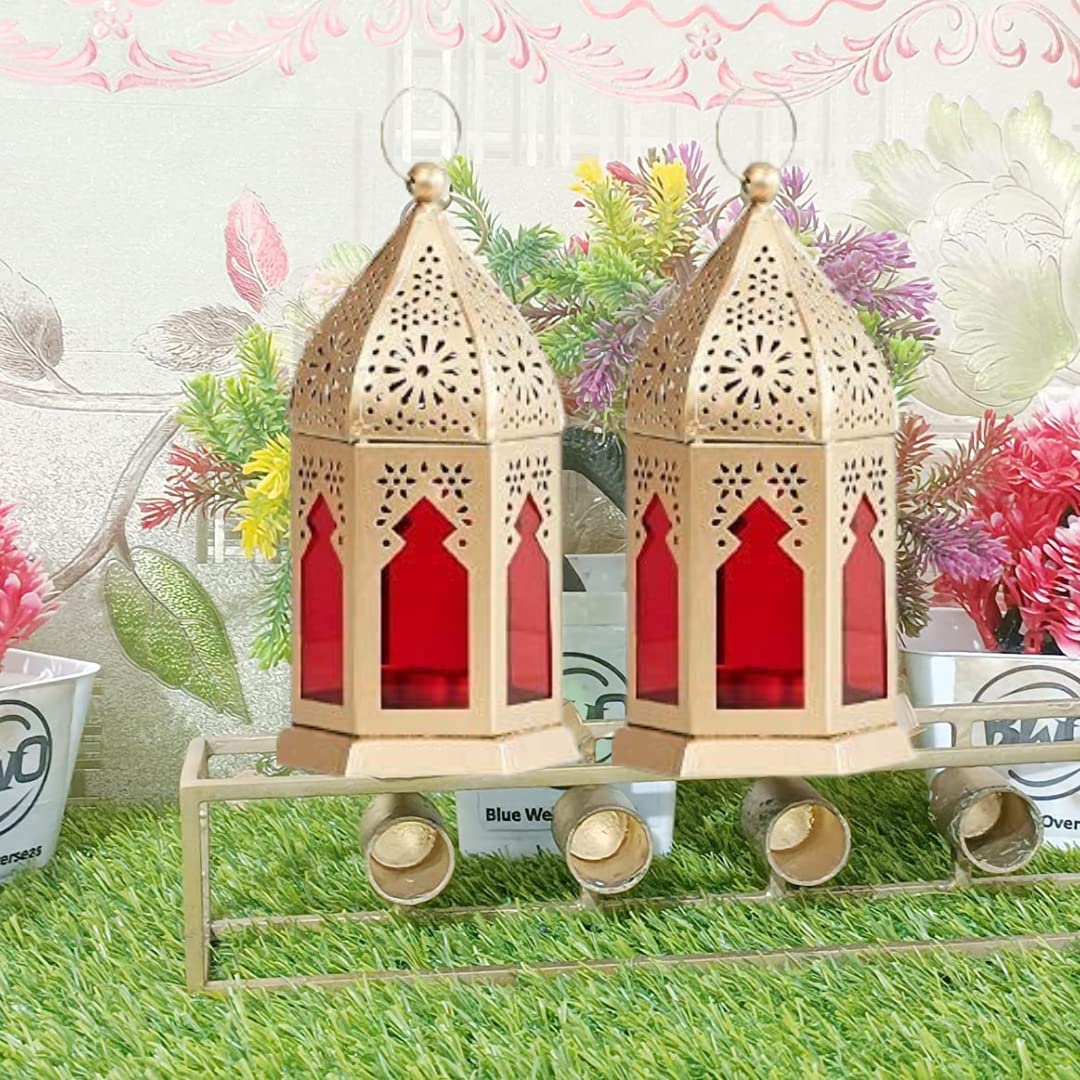 iKonbi Mini Moroccan Lantern Glass Hanging Lamp Home Decor Gold Plating Finish Moroccan LanternRed 17 * 9 Cms Set of 1 Without Wax