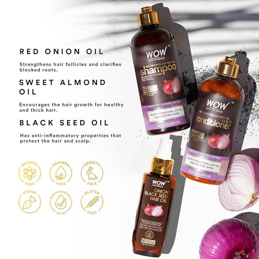 WOW Onion Black Seed Oil Shampoo & Conditioner Set: 500 ml each + 100 ml Hair Oil