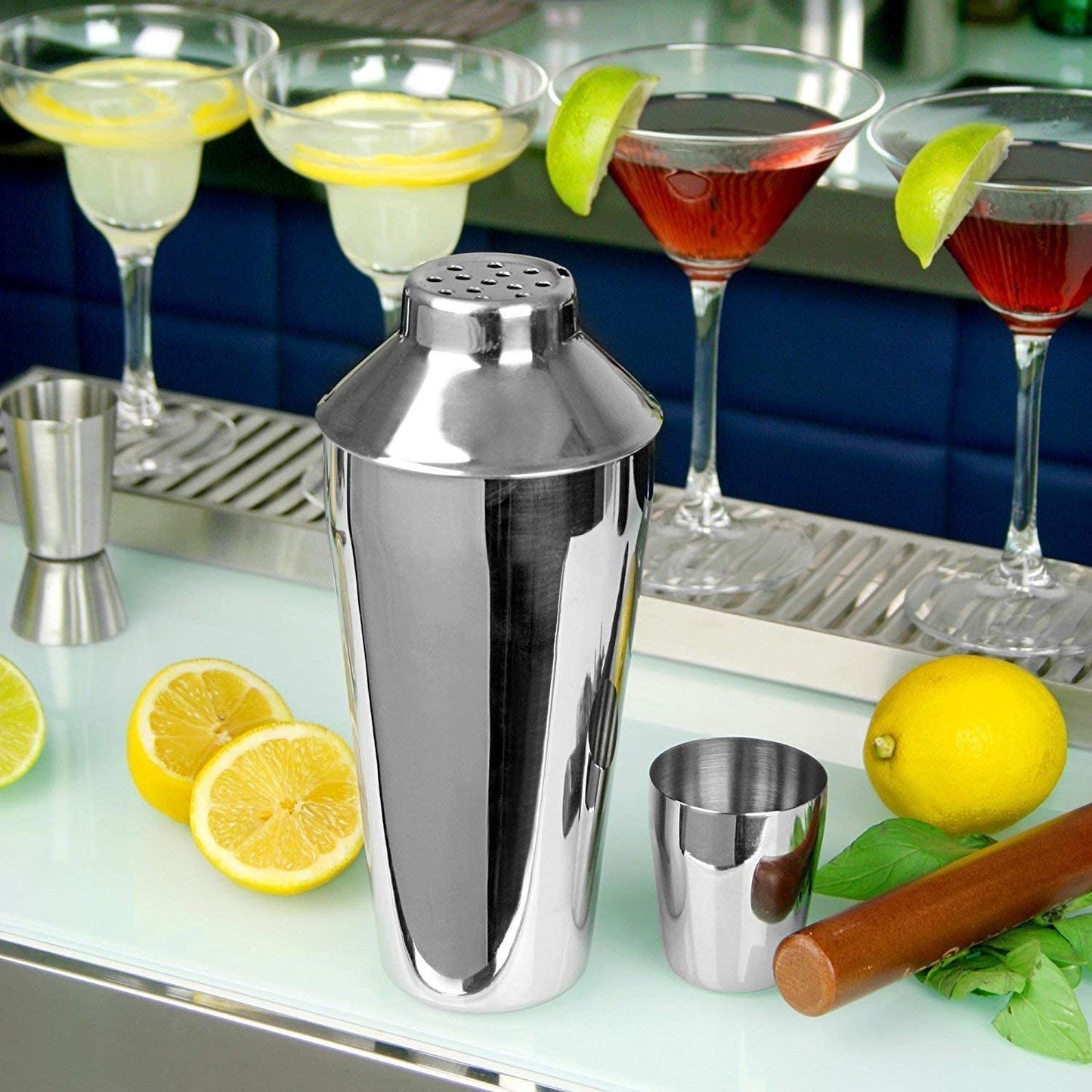 iKonbi Stainless Steel Cocktail Shaker 500ml and Shot Glass for Party Martini Drink Shaker with Built-in Strainer for Bartending and Home Steel Margarita Cobbler Shaker Mixer
