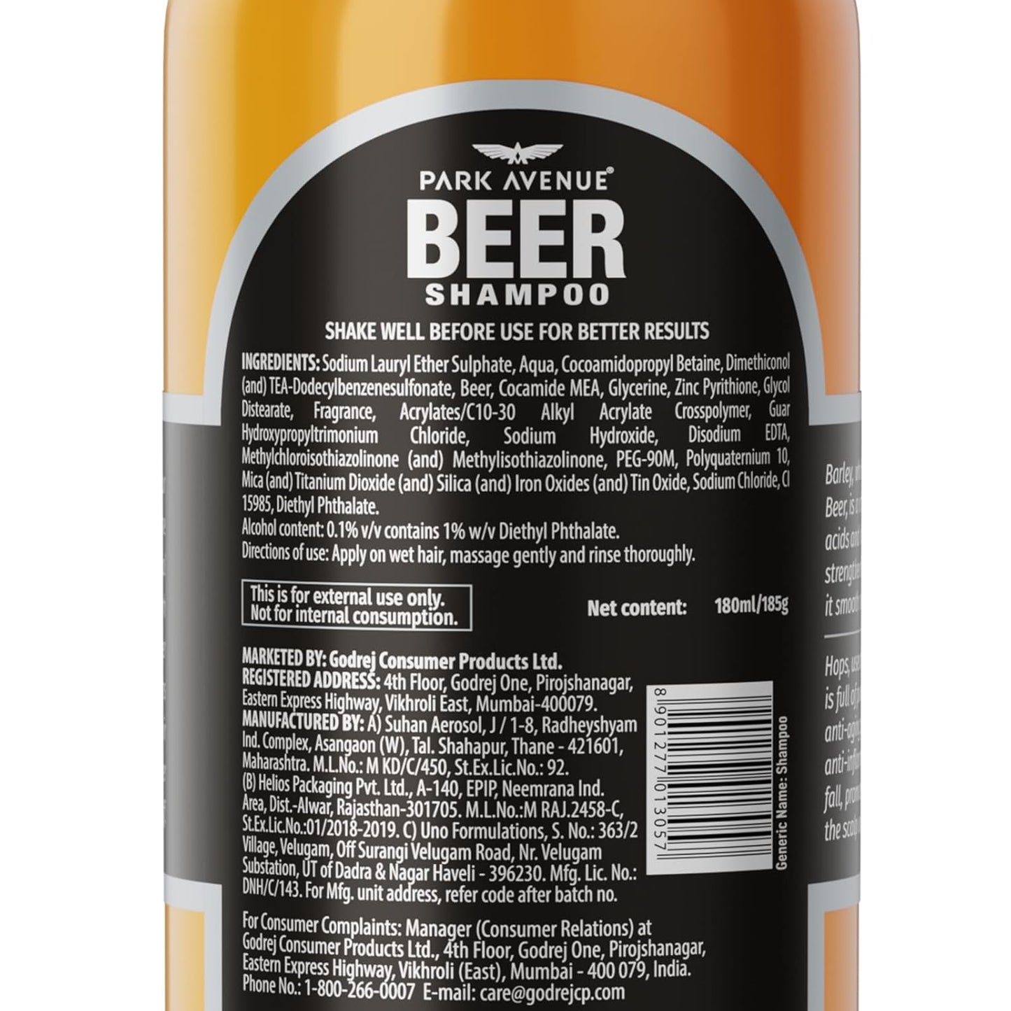 Park Avenue Beer Shampoo: Anti Dandruff, 180 ml
