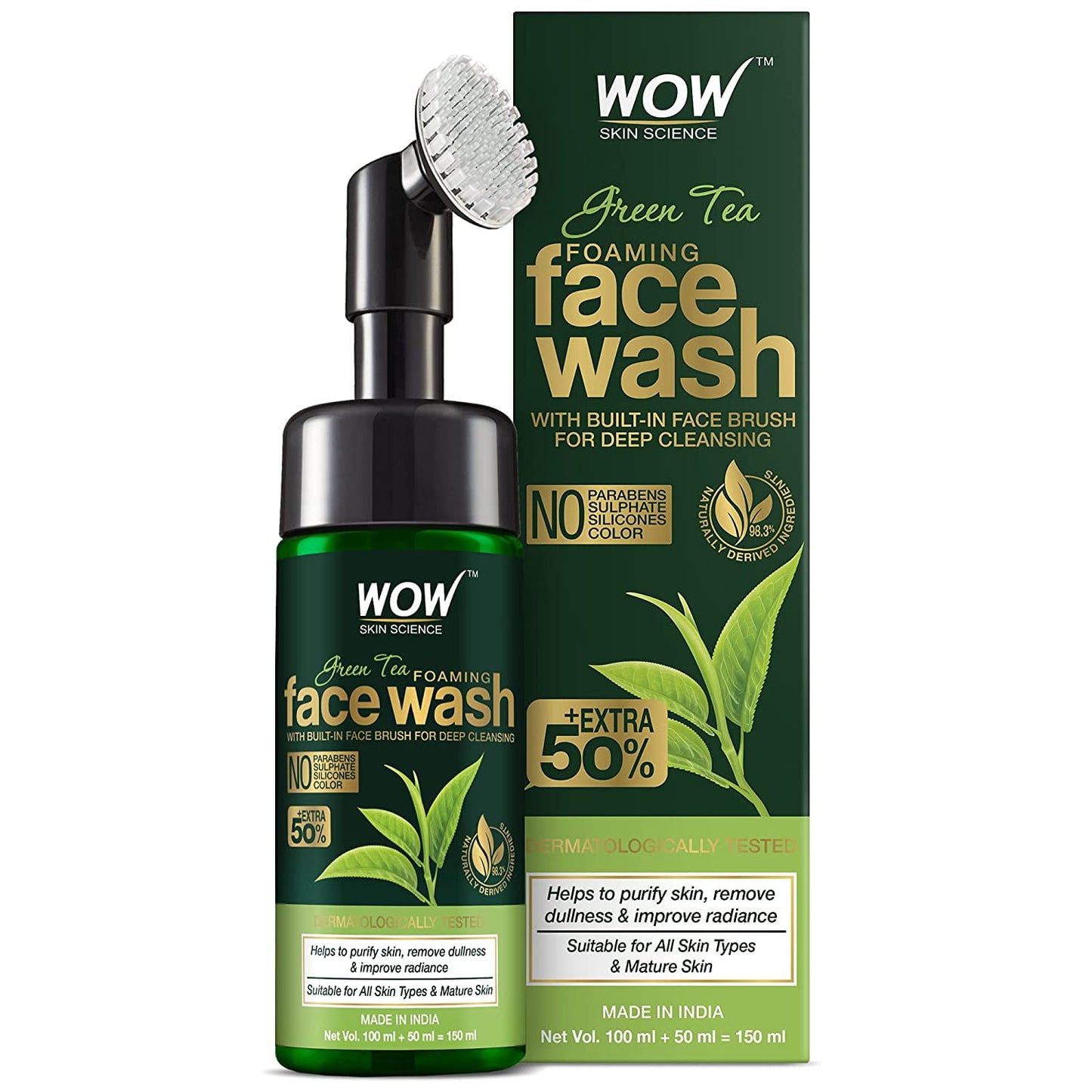 WOW Skin Science Green Tea Foaming FaceWash with Built-In Face Brush with Green Tea & Aloe